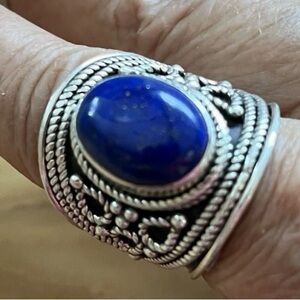 Lapis Lazuli Scroll Filigree Weighty Solid Ring 925 SS Silver Wide Band Size 9